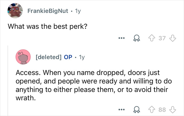 Reddit conversation about working with billionaire families, discussing perks and access from name dropping in high-profile circles.