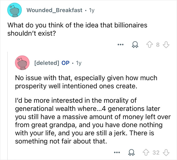 Reddit conversation discussing morality and generational wealth in billionaire families with contrasting viewpoints.