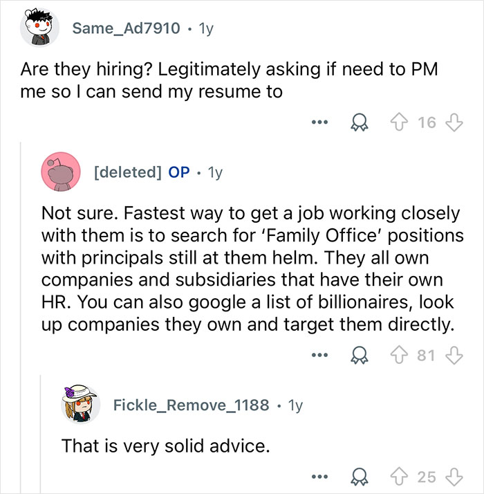 Reddit discussion about working with billionaire families, focusing on family office jobs and targeting companies they own.