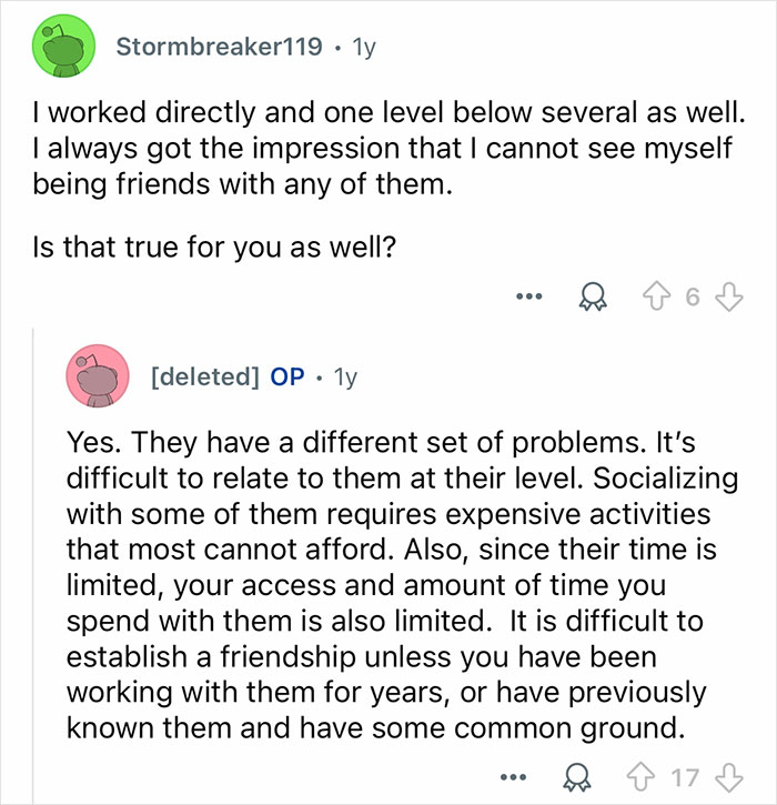 Screenshot of a Reddit conversation discussing challenges of working with billionaire families and forming friendships with them.