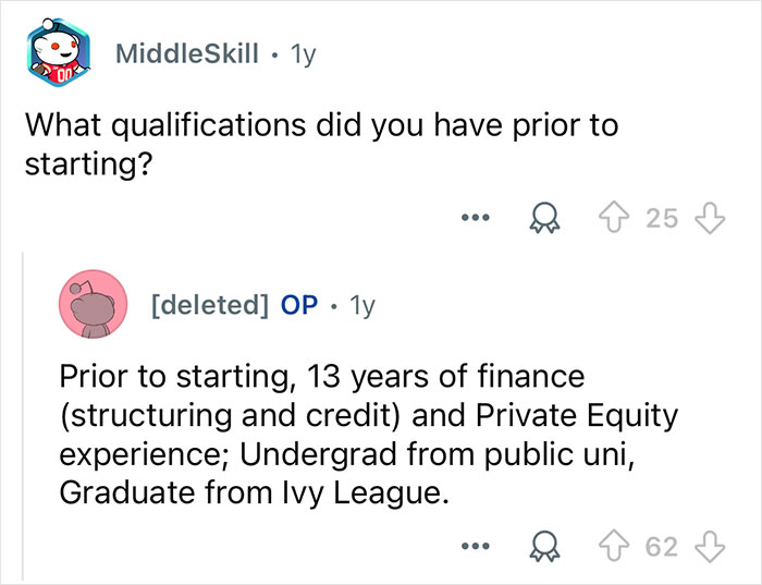 Screenshot of a Reddit Q&A discussing qualifications before working with billionaire families in finance and private equity.