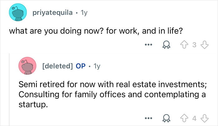 Reddit conversation featuring a person who worked with billionaire families discussing current work and life updates.