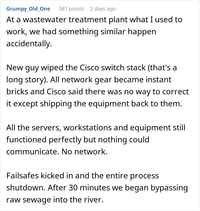 Comment describing a server down incident during business hours causing network failure and equipment malfunction. Comment describing a server down incident during business hours causing network failure and equipment malfunction.