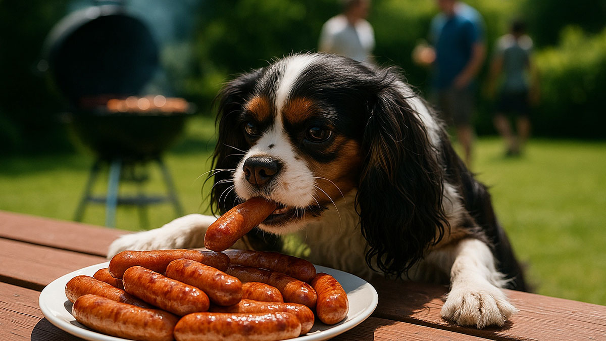 Therapy dog stealing sausages from a plate at a family BBQ with a grill and people blurred in the background.