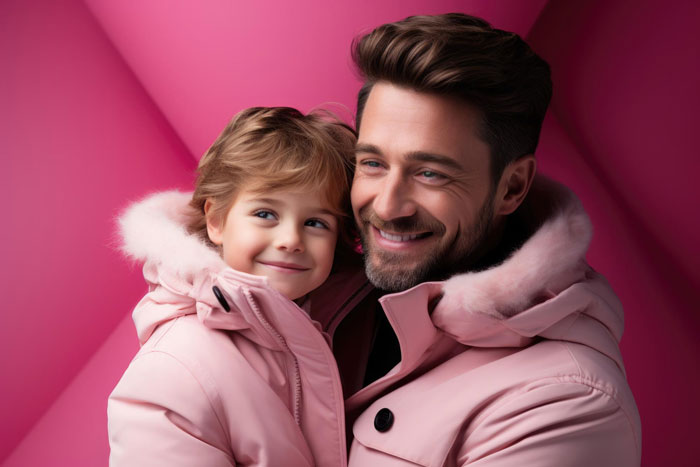 Man and child wearing pink jackets, representing themes of gender roles and family dynamics in sibling relationships. Man and child wearing pink jackets, representing themes of gender roles and family dynamics in sibling relationships.