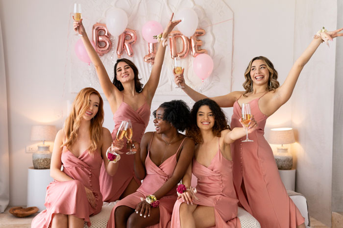 Bride and bridesmaids in pink dresses celebrating with champagne, highlighting family dynamics at a wedding event. Bride and bridesmaids in pink dresses celebrating with champagne, highlighting family dynamics at a wedding event.