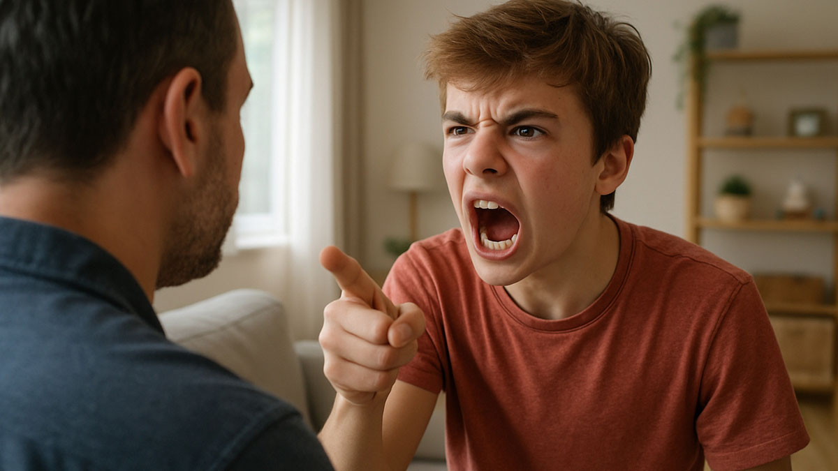 Teenage boy angrily arguing and pointing finger at adult man in a tense family conflict about trans dad demands.
