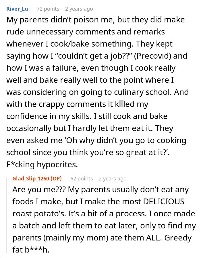 Commenters discuss parents’ food causing sickness and doubts, highlighting struggles with cooking, confidence, and family dynamics.