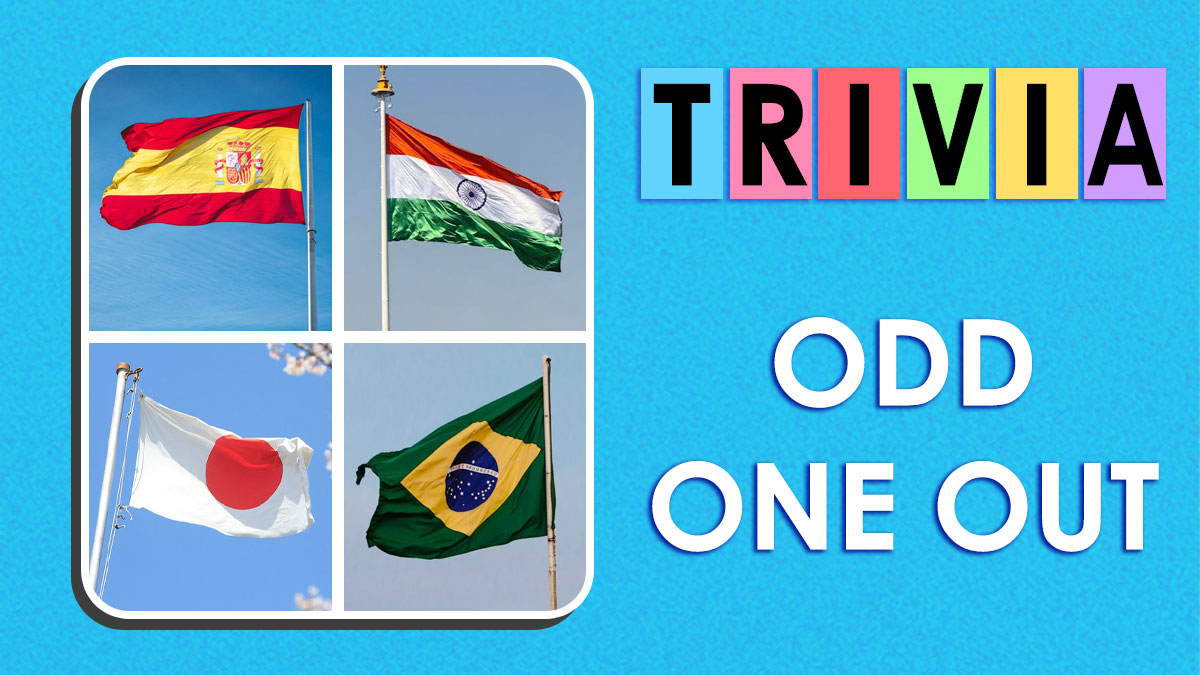 Four country flags including Spain, India, Japan, and Brazil with colorful trivia odd one out text on blue background.