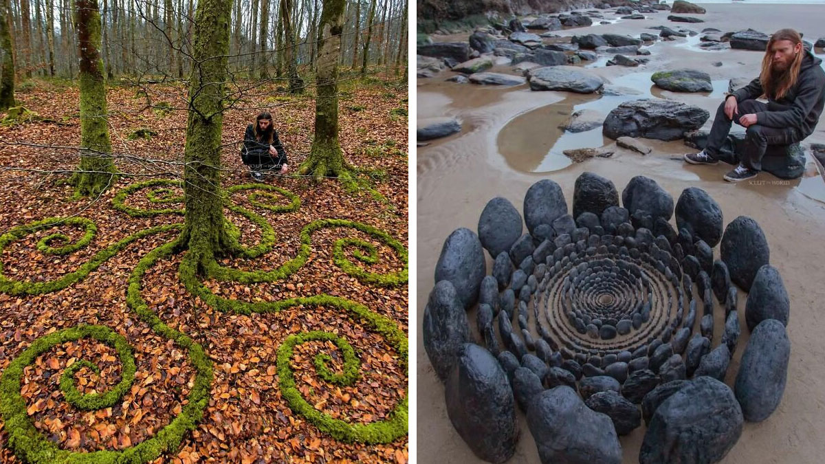 Artist Jon Foreman creating hypnotic land art with moss spirals in a forest and stone circles on a beach in Wales.