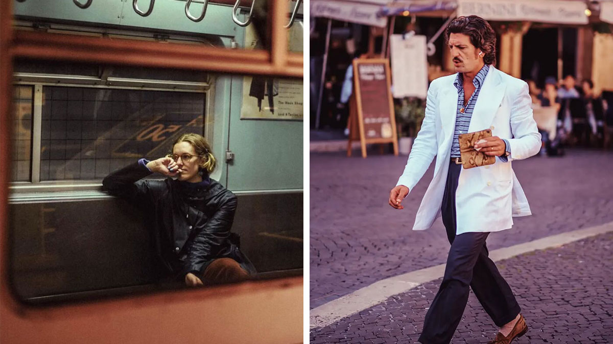 Two street photos by Greek photographer Marina Nota showing a woman in a subway and a man walking in a city.