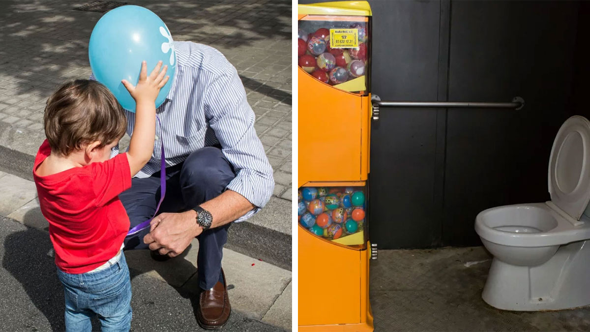 Fun accidental moments captured showing a child with balloon and a gumball machine beside a toilet in a street scene.