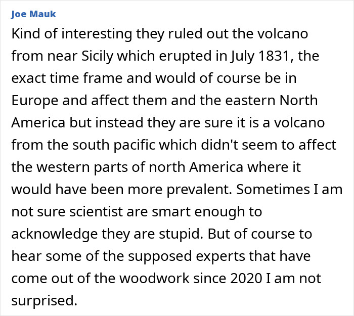 Comment by Joe Mauk discussing the 1831 mystery about the sun turning blue and volcanic activity's impact on North America. Comment by Joe Mauk discussing the 1831 mystery about the sun turning blue and volcanic activity's impact on North America.
