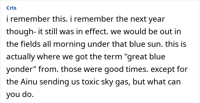 Text excerpt describing memories of a blue sun event, relating to the 1831 mystery of the sun turning blue. Text excerpt describing memories of a blue sun event, relating to the 1831 mystery of the sun turning blue.