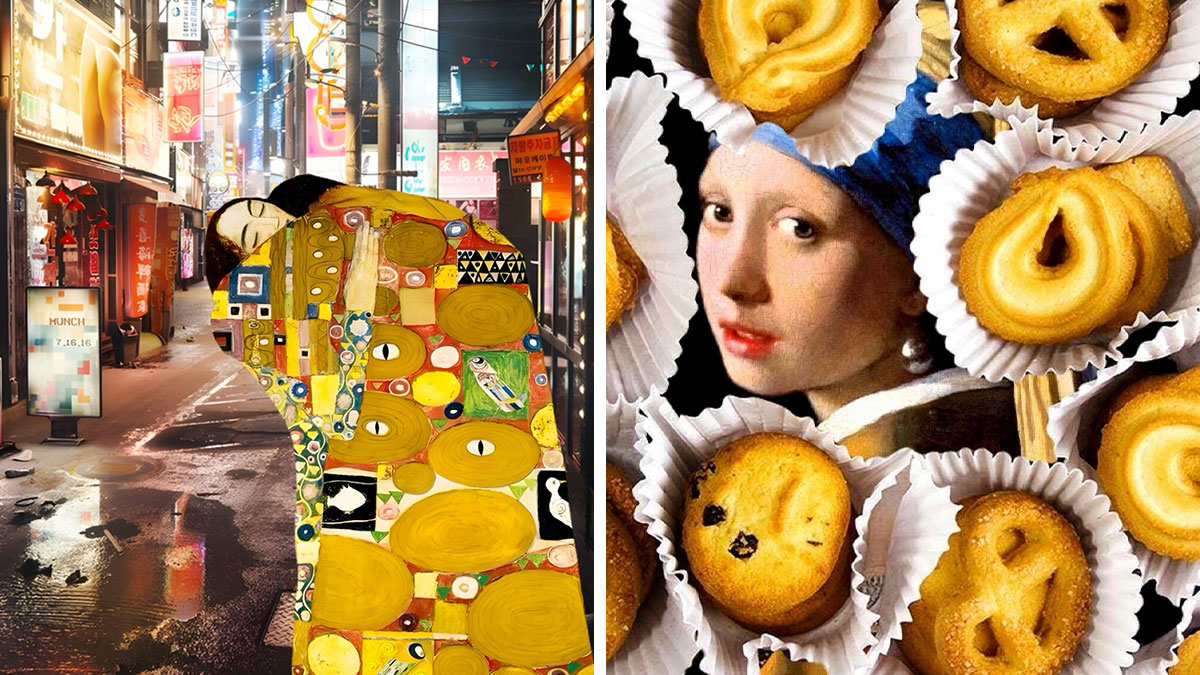 Dreamlike digital collage blending a city street with abstract art and a classical portrait surrounded by cookies.