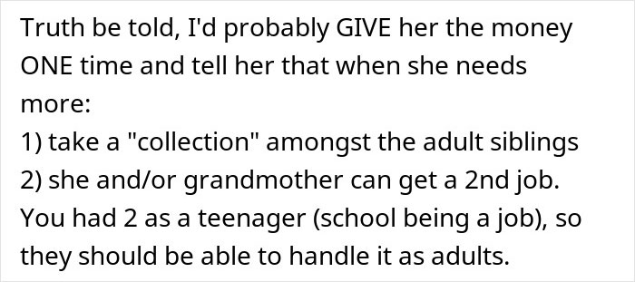 Text discussing siblings refusing support to mother and suggesting taking a collection among adult siblings for money assistance. Text discussing siblings refusing support to mother and suggesting taking a collection among adult siblings for money assistance.