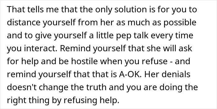 Text on screen about distancing from a mother and the challenge of refusing her support in sibling care situations. Text on screen about distancing from a mother and the challenge of refusing her support in sibling care situations.