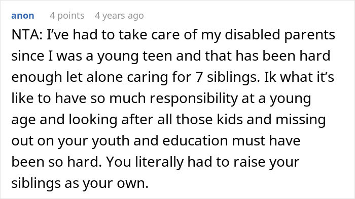 Comment discussing the challenges of taking care of siblings and refusing support from mother in a family caregiving situation. Comment discussing the challenges of taking care of siblings and refusing support from mother in a family caregiving situation.