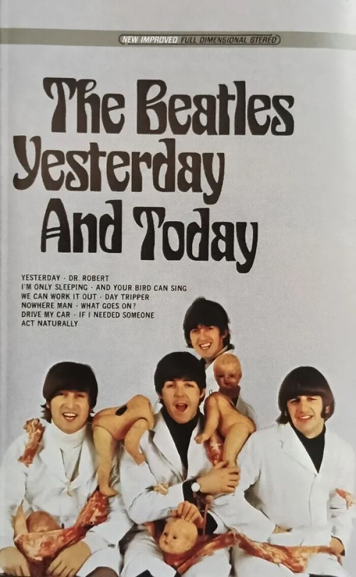Beatles Yesterday And Today album cover featuring band members holding doll parts, known as a controversial worst album cover.