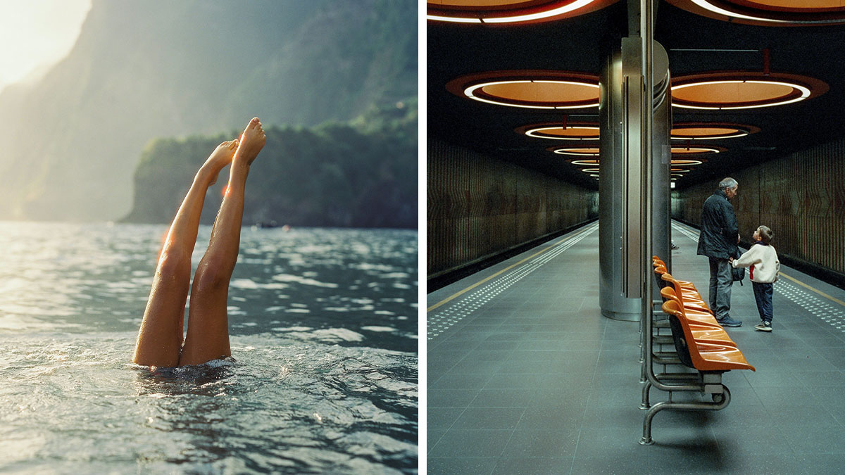 Analog photos showing legs above water in a lake and an elderly person with a child in a modern subway station.