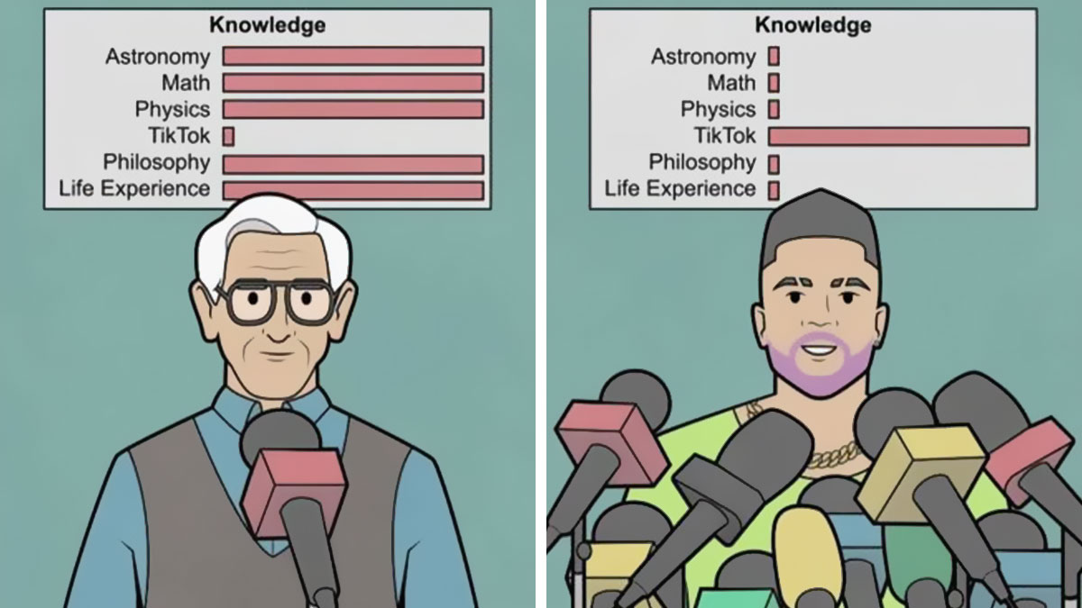 Cartoon comparing knowledge levels between an older man and a younger man, highlighting TikTok in yes but comics.