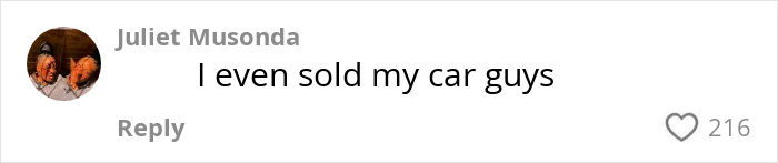 Screenshot of a social media comment from Juliet Musonda saying she sold her car amid RaptureTok viral prediction fallout. Screenshot of a social media comment from Juliet Musonda saying she sold her car amid RaptureTok viral prediction fallout.