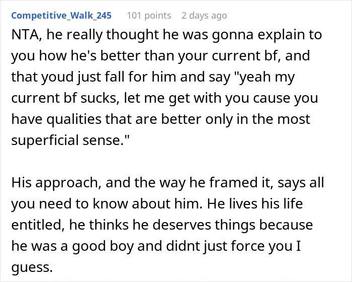 Text post discussing a guy telling an old friend she should date him instead of her boyfriend because he’s tall. Text post discussing a guy telling an old friend she should date him instead of her boyfriend because he’s tall.