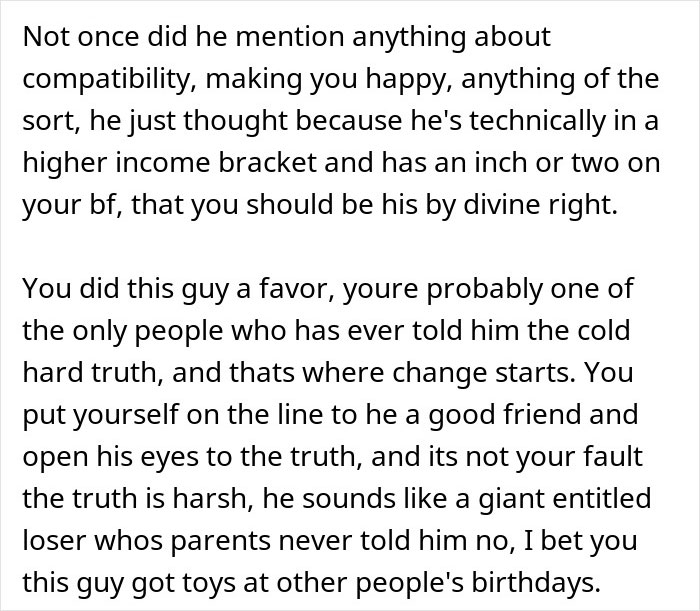 Text discussing a guy telling an old friend she should date him instead of her boyfriend because he’s tall, and his emotional reaction after rejection. Text discussing a guy telling an old friend she should date him instead of her boyfriend because he’s tall, and his emotional reaction after rejection.