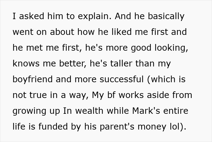 Text excerpt discussing a guy telling an old friend she should date him because he’s taller than her boyfriend. Text excerpt discussing a guy telling an old friend she should date him because he’s taller than her boyfriend.