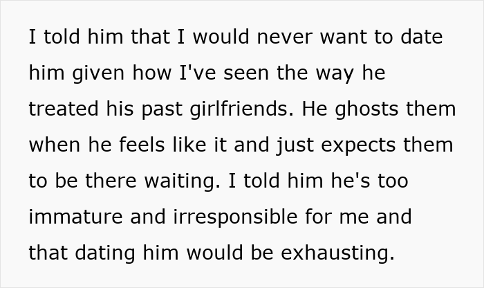 Text discussing a guy telling an old friend she should date him for being tall, and his emotional reaction after she says no. Text discussing a guy telling an old friend she should date him for being tall, and his emotional reaction after she says no.