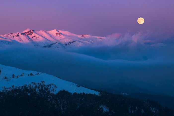 Snow-covered mountain peaks under a full moon with clouds at dusk in a stunning wildlife and nature shot.