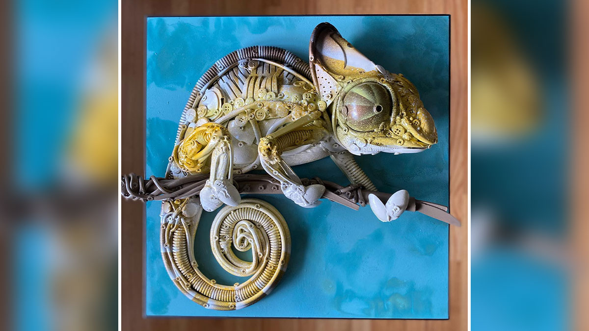 Chameleon sculpture made from trash and recycled materials, showcasing stunning animal sculptures by a creative artist.