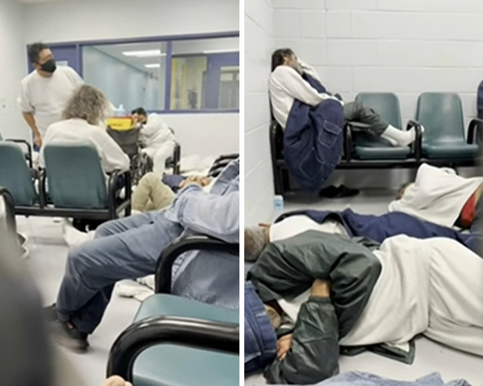 Detainees reportedly missing from ICE records seen resting and waiting in a crowded detention facility room. Detainees reportedly missing from ICE records seen resting and waiting in a crowded detention facility room.