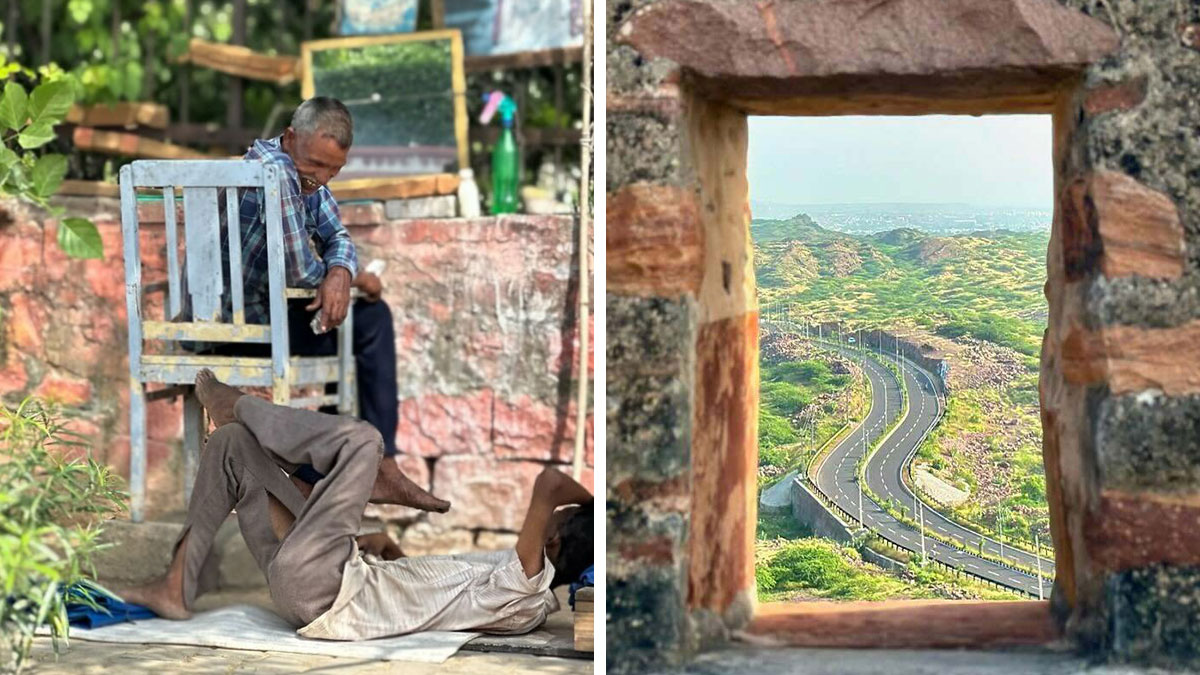 Street photography capturing everyday life and human moments with a man resting and scenic road view through a stone window.