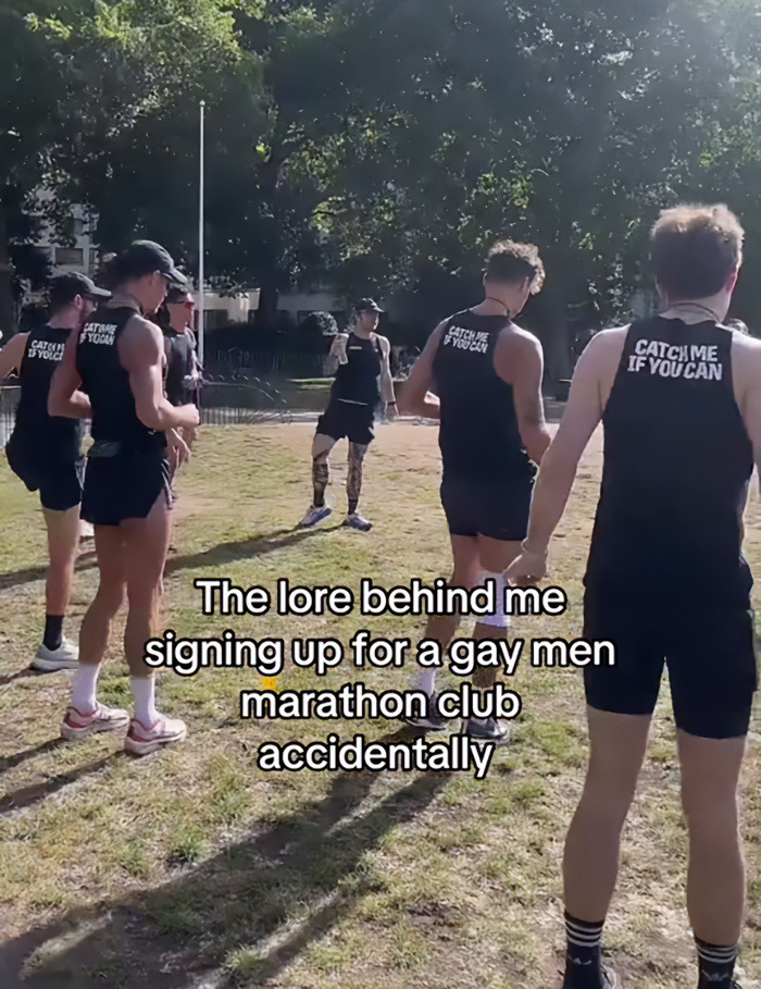 Group of men in matching running gear stretching outdoors, related to woman accidentally joining gay running club. Group of men in matching running gear stretching outdoors, related to woman accidentally joining gay running club.