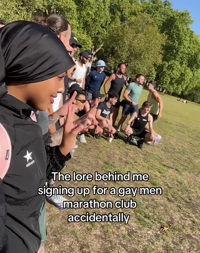Woman at park with gay running club group, capturing the awkward moment of accidental sign-up for marathon event. Woman at park with gay running club group, capturing the awkward moment of accidental sign-up for marathon event.