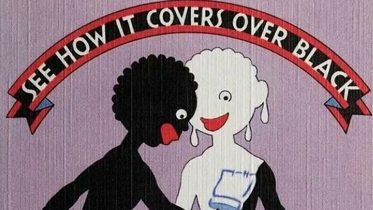 Vintage advertisement showing a racially insensitive cartoon illustrating paint covering over black skin.
