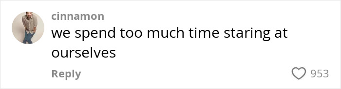 Comment on social media post about self-reflection, captioned with 953 likes by user cinnamon. Comment on social media post about self-reflection, captioned with 953 likes by user cinnamon.