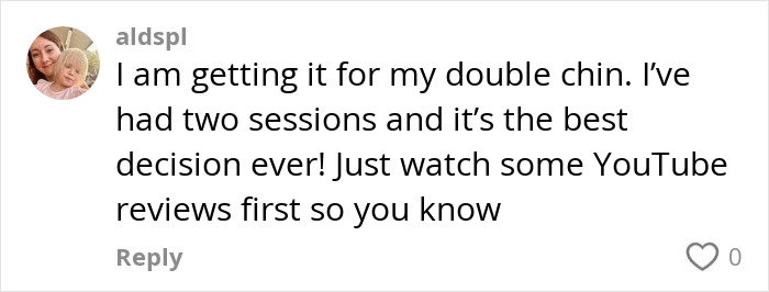 Comment from a woman sharing her positive experience with Kybella for double chin after two sessions. Comment from a woman sharing her positive experience with Kybella for double chin after two sessions.
