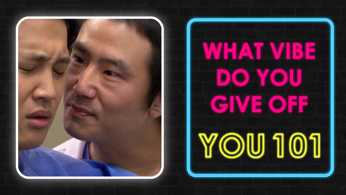 Two men close together expressing emotions beside neon text about vibes and self-reflection in a digital style design.