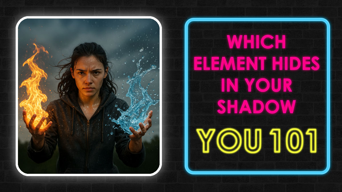 Woman controlling fire and water elements with intense expression, representing which element hides in your shadow concept.