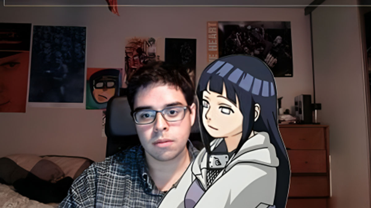 Young man with glasses sitting next to an anime character in a cozy room, capturing a cringe-worthy but wholesome moment.