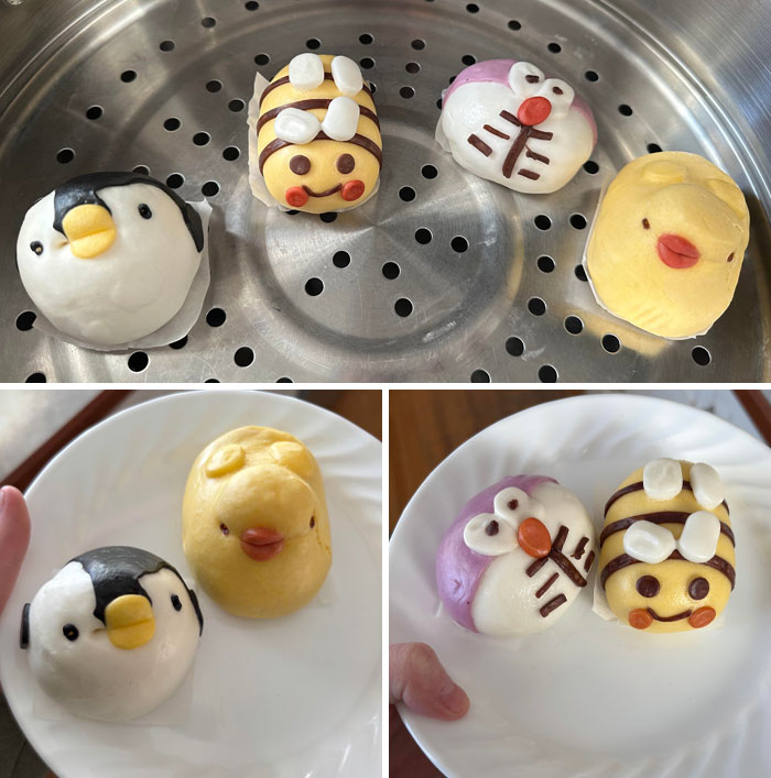 Cute animal-shaped buns arranged on plates showcasing funny and wholesome moments parents shared with their kids.