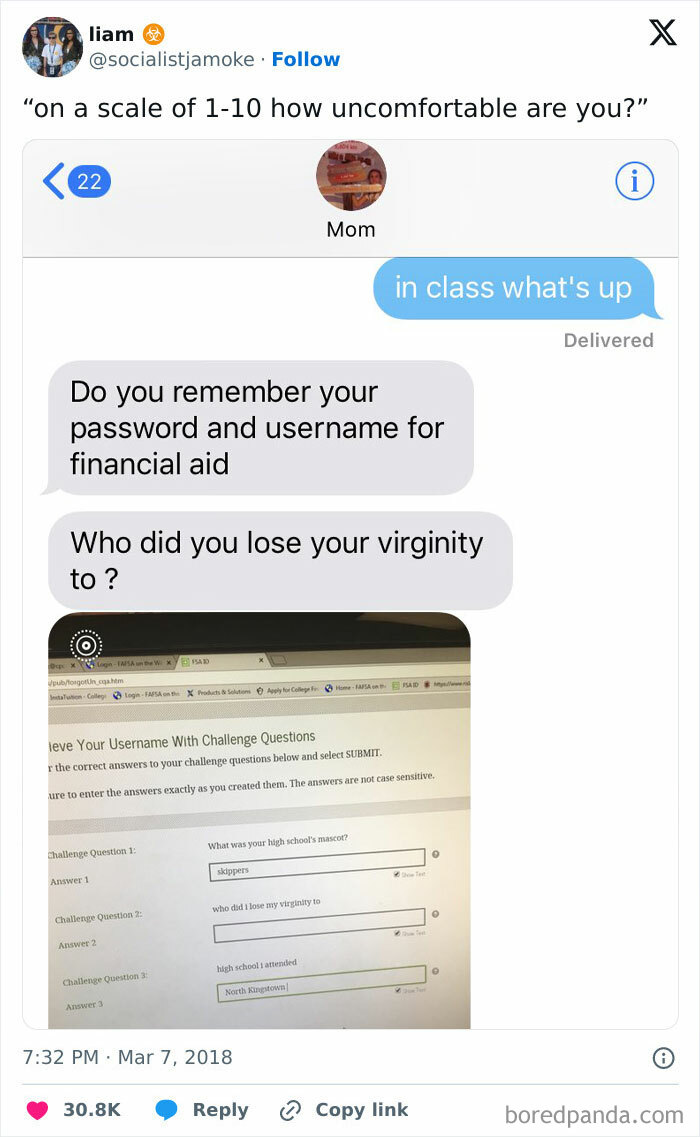 Text message exchange showing a funny and wholesome parent asking awkward security questions for financial aid.