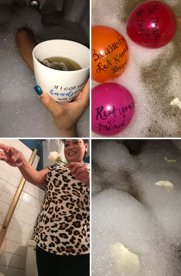 Parent enjoying a bubble bath with tea and motivational balloons in a wholesome and funny moment shared by kids.