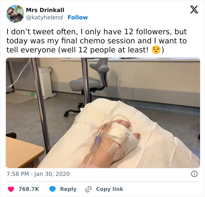 Tweet showing a patient's hand with IV bandages celebrating their final chemotherapy session, a wholesome post for distraction.