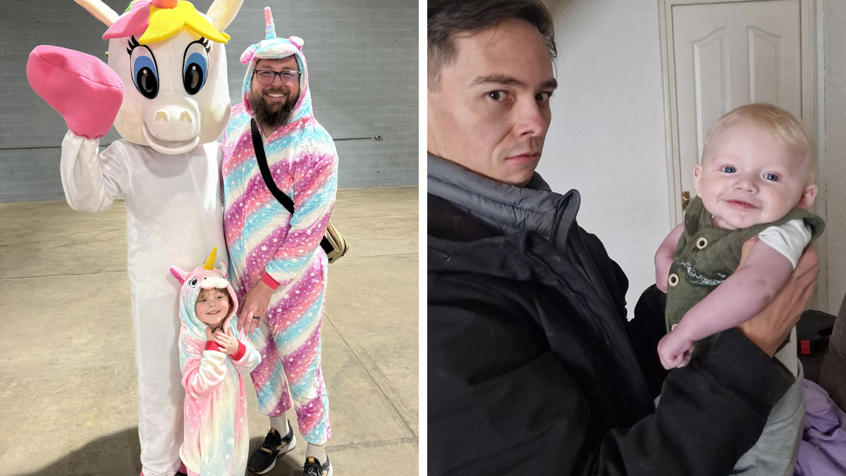 Dad and child in unicorn costumes smiling at event, and father holding a happy baby indoors showing best parenting moments