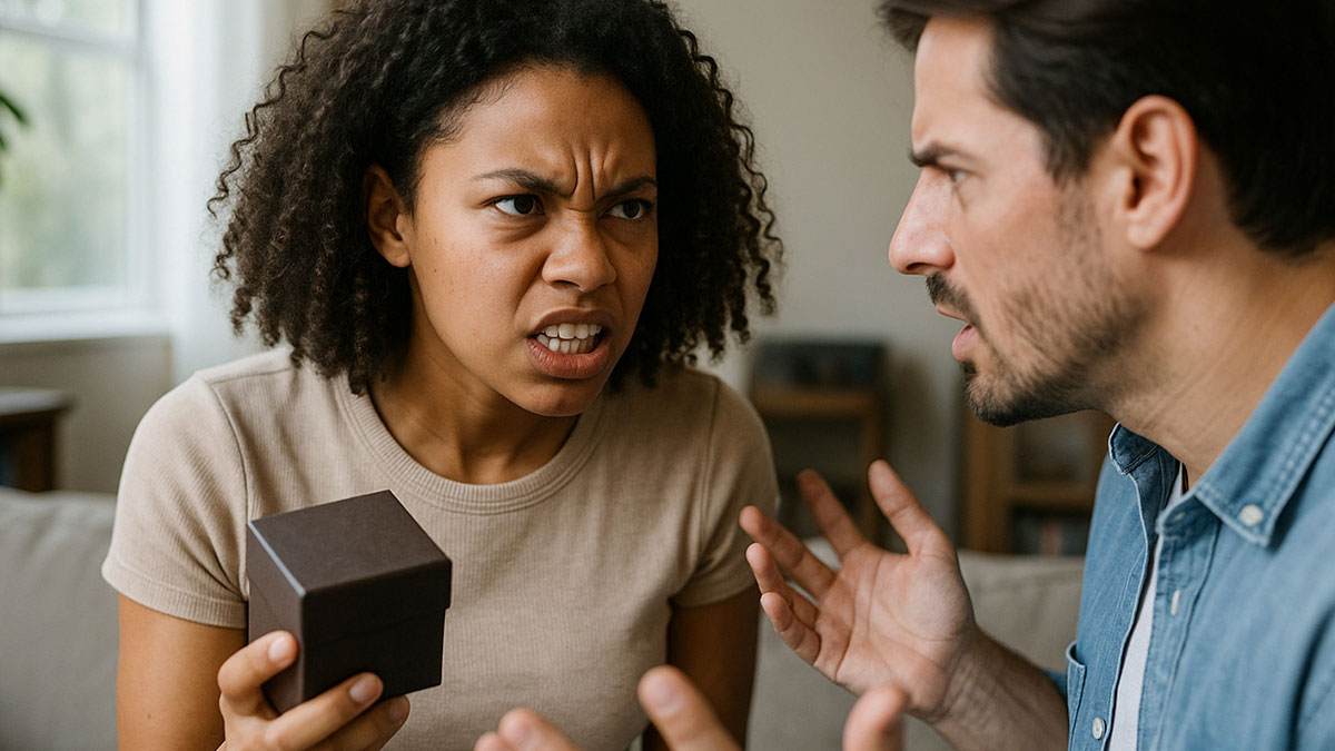 Wife angrily confronts husband about keeping ex-girlfriendu2019s memory box, highlighting hypocrisy in relationship conflict.