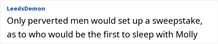 Screenshot of a comment discussing perverted men placing bets on who would sleep with a woman first. Screenshot of a comment discussing perverted men placing bets on who would sleep with a woman first.