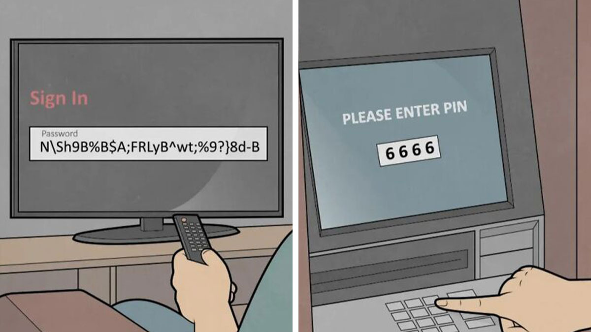 Yes But comics by Anton Gudim showing a person entering a complex password and a simple PIN on devices.